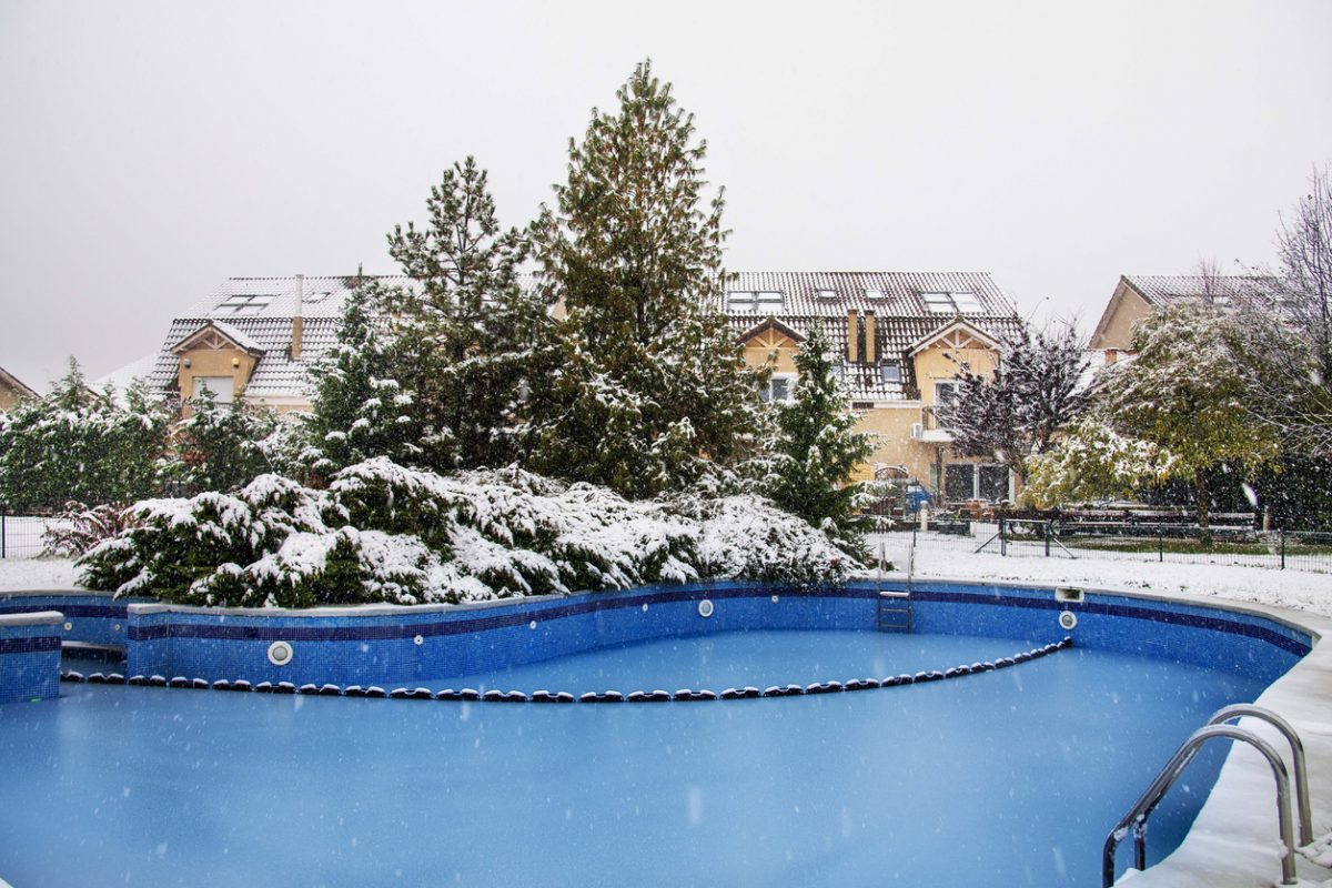 A spa in Bucharest in winter when it is snowing outside. 