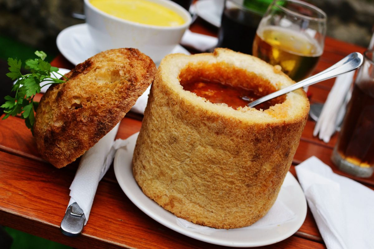 Traditional Romanian beans soup served in bread, from the Sighisoara region of Transylvania.