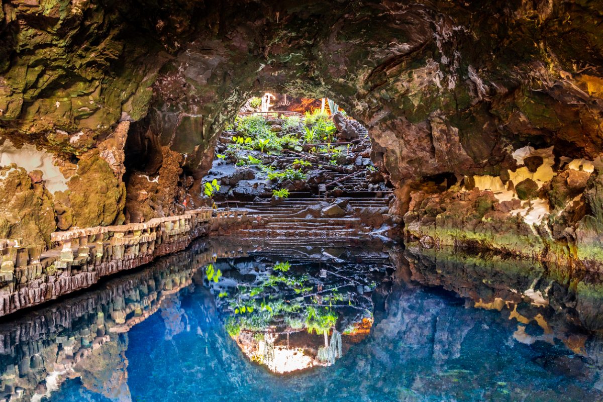 Cave Jameos del Agua, natural cave and pool created by the eruption of the Monte Corona volcano in Lanzarote, Canary Islands, Spain