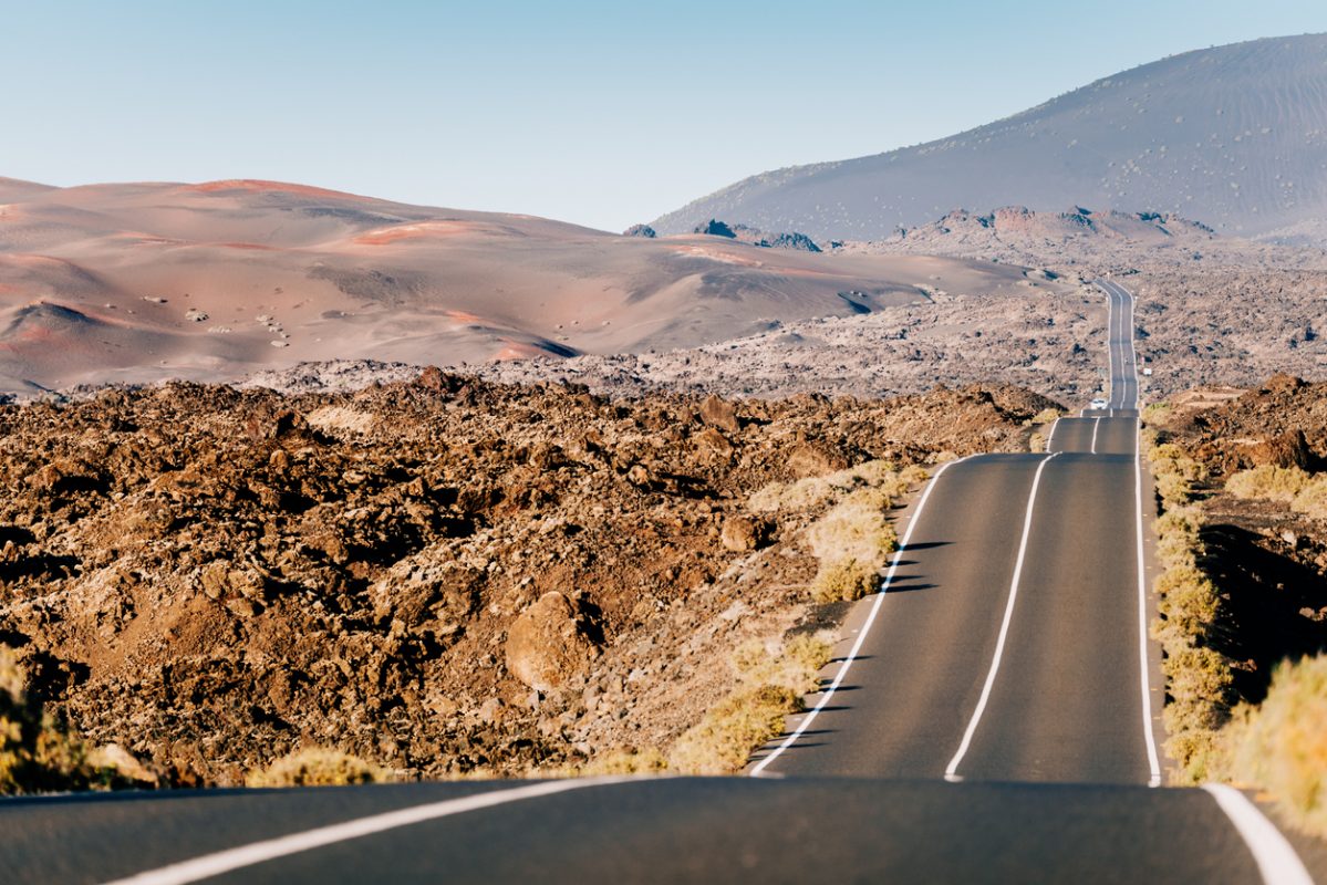 Scenic road Timanfaya, Volcanic Landscape in Lanzarote Island. Canary. High quality photo
