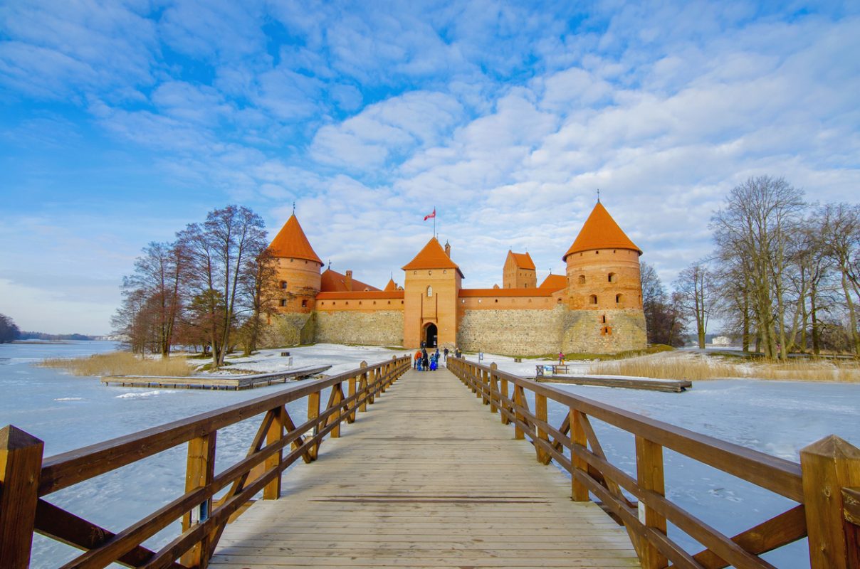 Trakai Castle front view in a sunny winter day. Lithuania, Trakai. Februrary, 2019