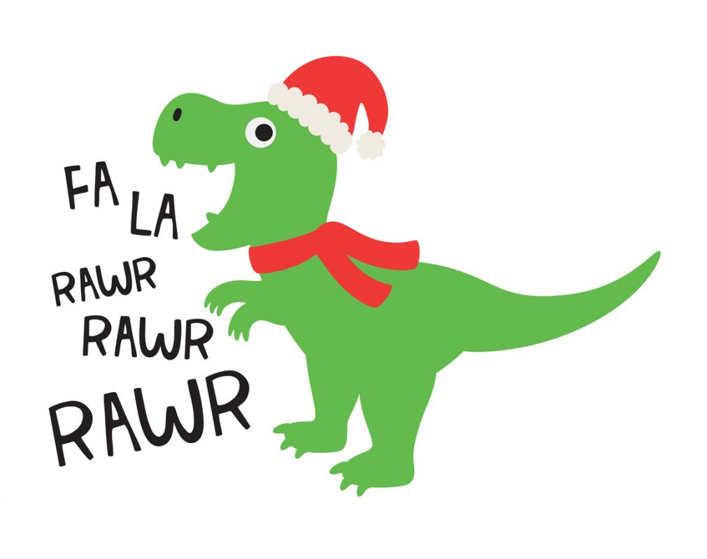 Vector illustration of cute dinosaur wearing a Santa hat and red scarf.