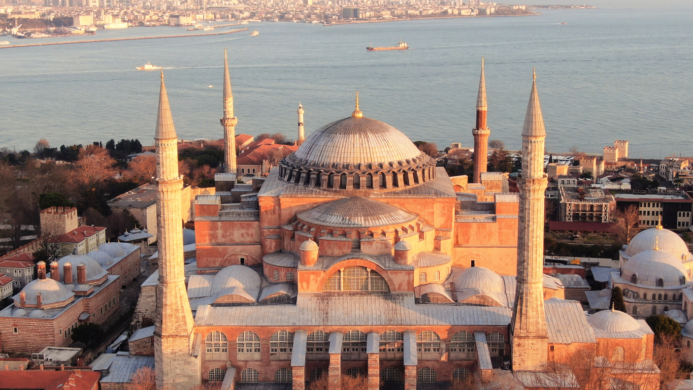 Aerial view over Hagia Sophia with glittering mosaics of Biblical scenes in vast, domed former Byzantine church and mosque - Istanbul, Turkey