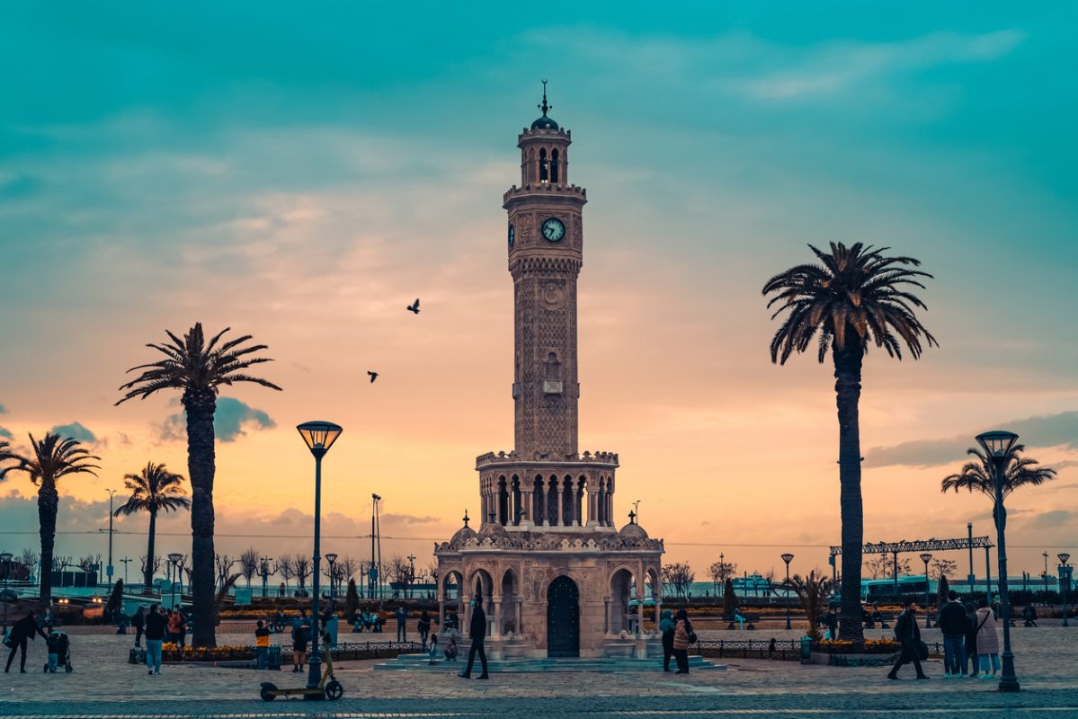 Izmir, Turkey - March 23 2021: Izmir Clock Tower in Konak square. Famous place. Sunset colors.