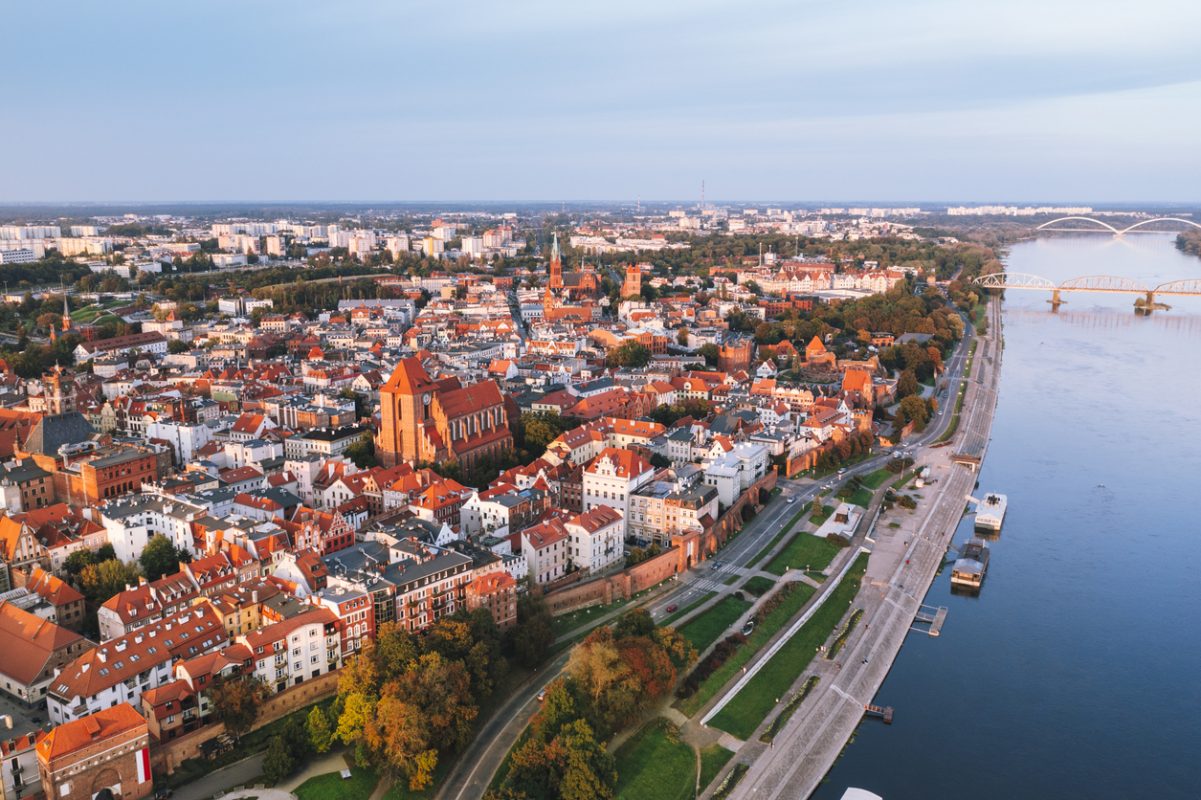 Aerial view of Torun city with Vistula river in Poland