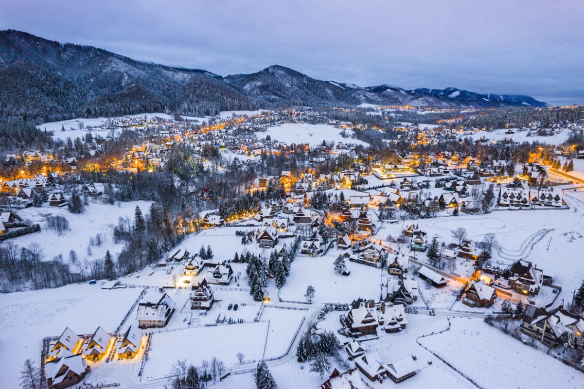 WInter View at Zakopane Skyline and Giewont Mount from Drone.