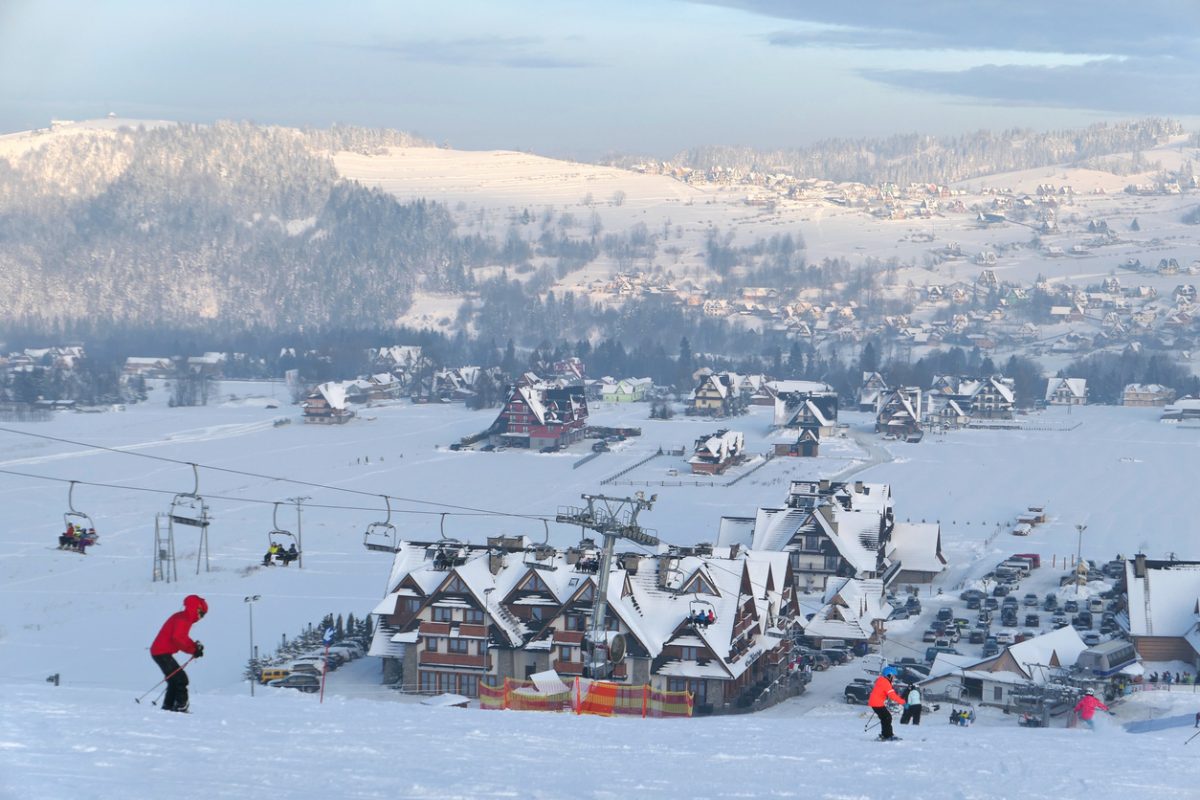 Bialka Tatrzanska, Poland - December 30, 2019: Ski lift and the ski slope in popular winter resort Kotelnica Bialczanska.