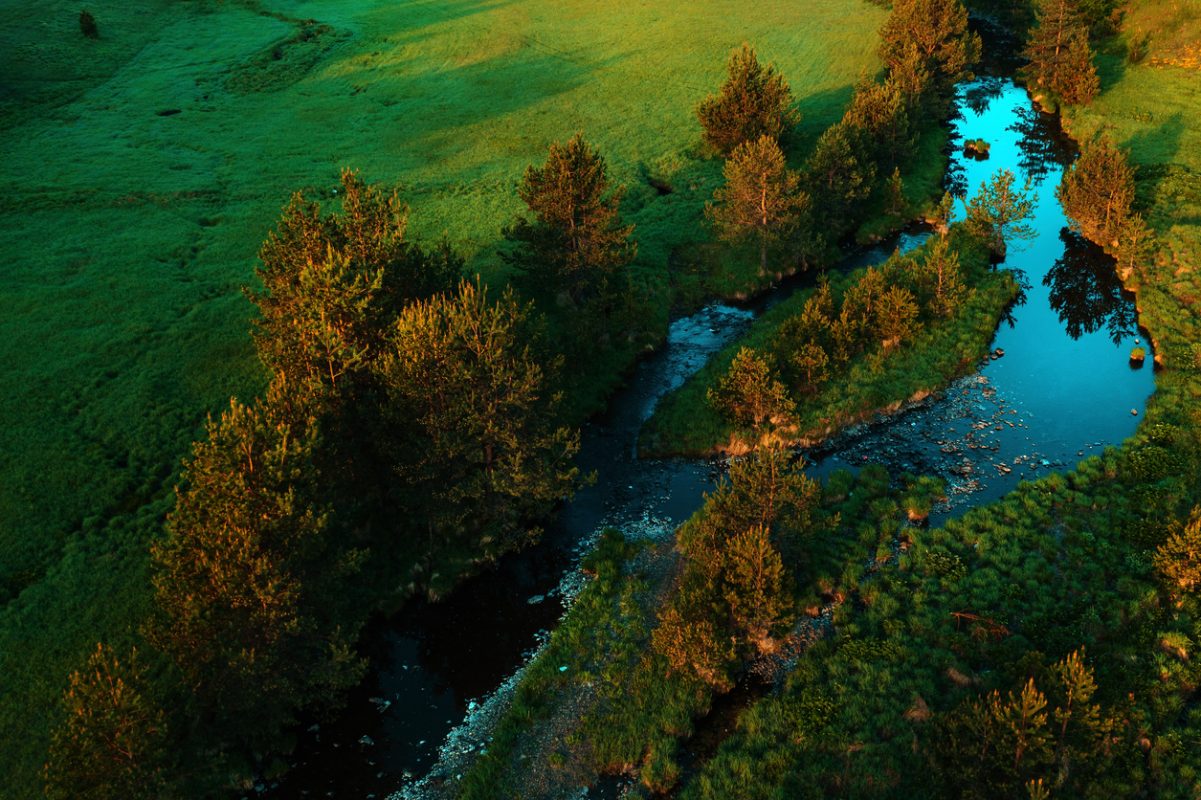 Aerial view of mountain creek winding through beautiful grassy landscape on Zlatibor, Serbia - drone photography