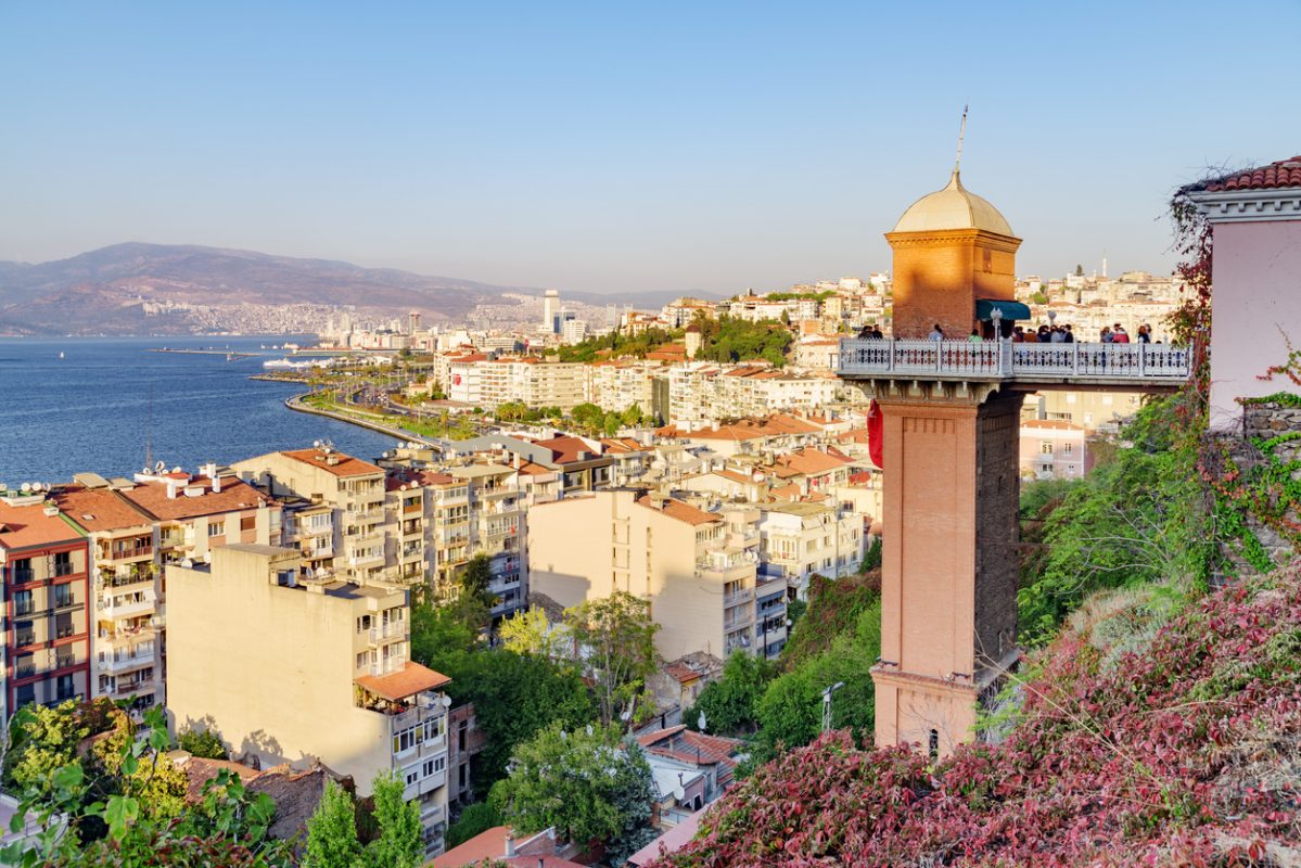 Awesome view of Asansor Tower in Izmir, Turkey. Scenic cityscape is visible from top of the hill. The elevator is a popular tourist attraction in Izmir.
