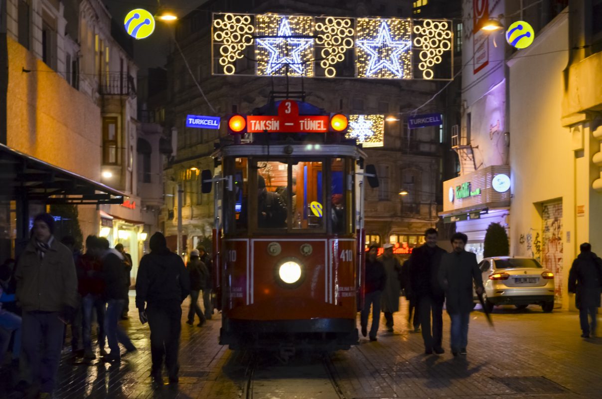 Istanbul, Turkey - September 21, 2012: the former tram on Istiklal Street in Istanbul, Taksim-Tunel carry passengers. A cold winter day.