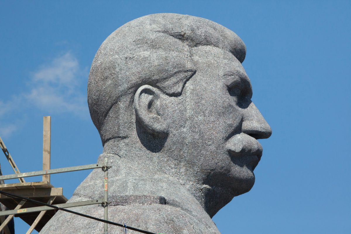 Prague, Czech Republic - May 20, 2016: Huge head of Soviet dictator Joseph Stalin rising over Letna Park in Prague, Czech Republic, during the filming the new movie Monster based on the biography of Czech sculptor Otakar Svec. Stalin returns temporary to the place where the Stalin Monument designed by Otakar Svec stood from 1955 until it was destroyed in 1962.