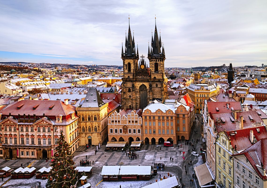 Old Town Square with Church of Our Lady before Tyn at christmas time in Prague, Czech Republic.