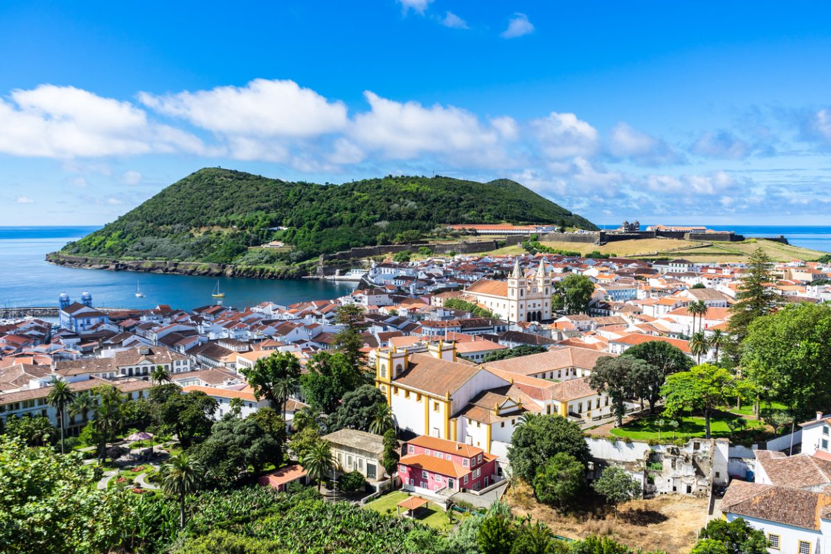 Sunny view of Angra do Heroismo from Alto da Memoria, Azores, Portugal