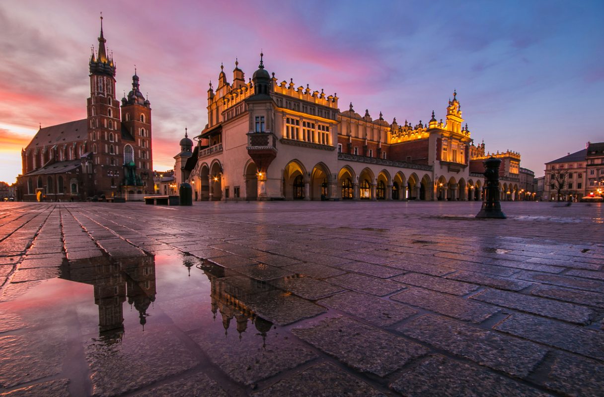 Wonderful view of Rynek Główny, the main square of the Old Town of Kraków, Lesser Poland, is the principal urban space located at the center of the city. It dates back to the 13th century, and at 3.79 ha (9.4 acres) is one of the largest medieval town squares in Europe