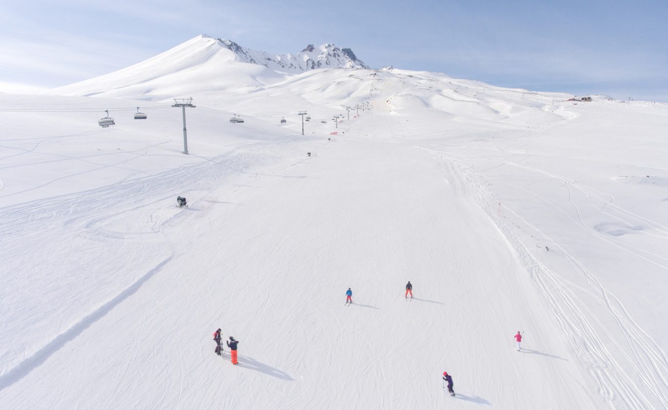 Aerial view of skiiers and snowboarders at the top of the mountain