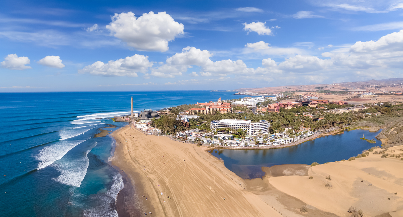 Aerial photos of Maspalomas beach,  Lighthouse and town in Gran Canary, Spain