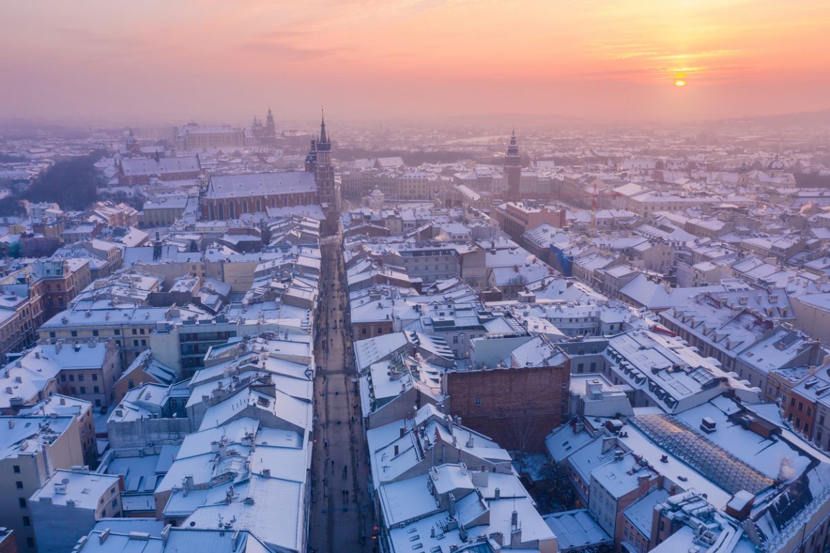 Krakow Old Town in winter aerial view at sunset