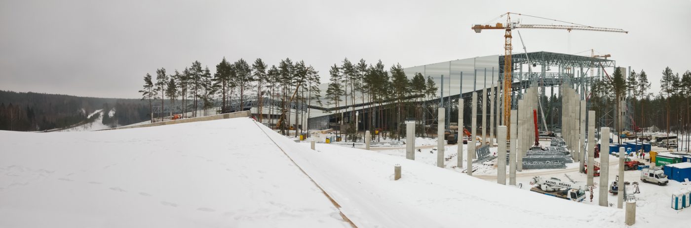 Druskininkai, Lithuania - February 2, 2011: Panoramic view at the construction site of one of the largest indoor ski resorts in the world 'Snoras Snow Arena' which is being built at southern part of Lithuania, near resort Druskininkai and is going to be open on 2011 spring.