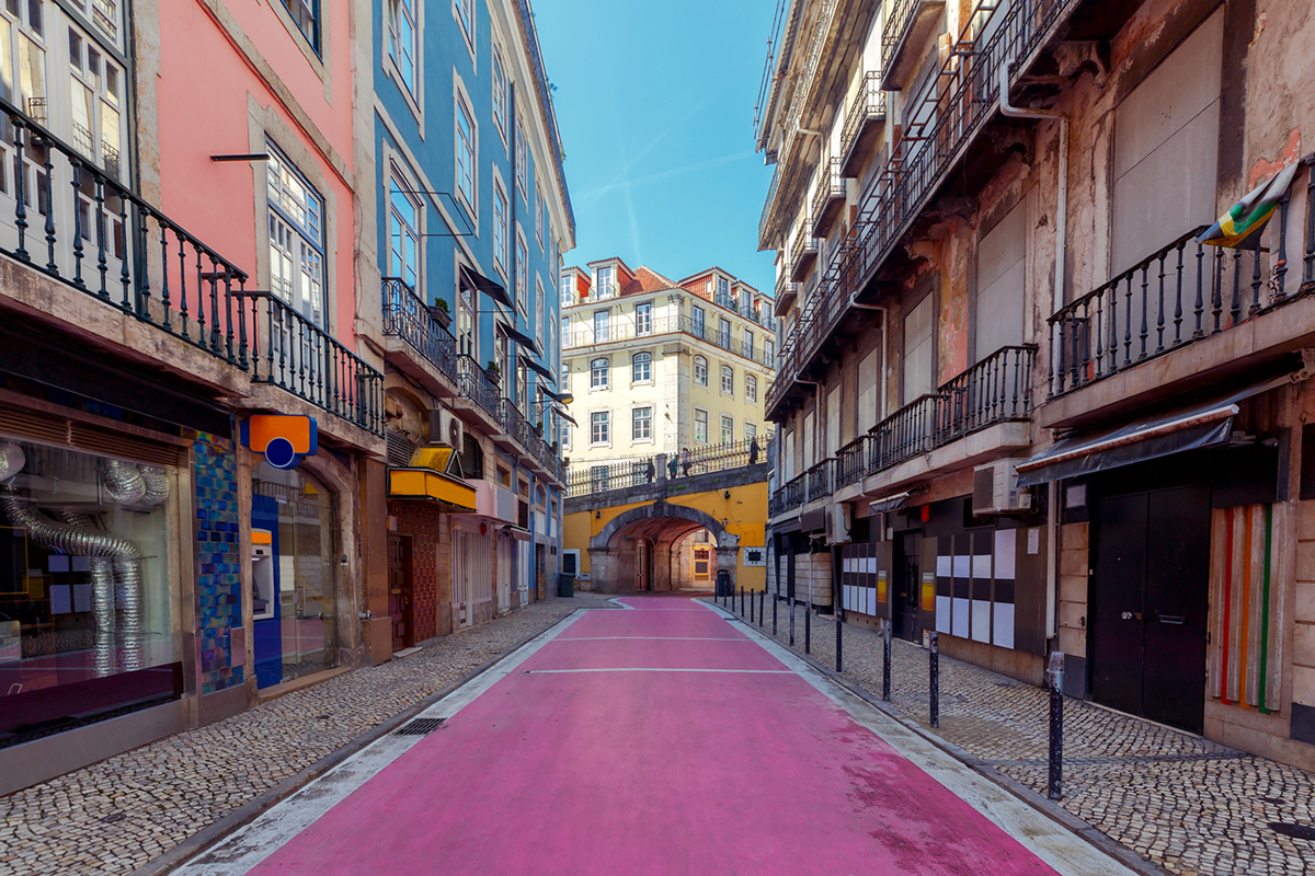 Pedestrian Pink street Rua Nova do Carvalho. Lisbon, Portugal.