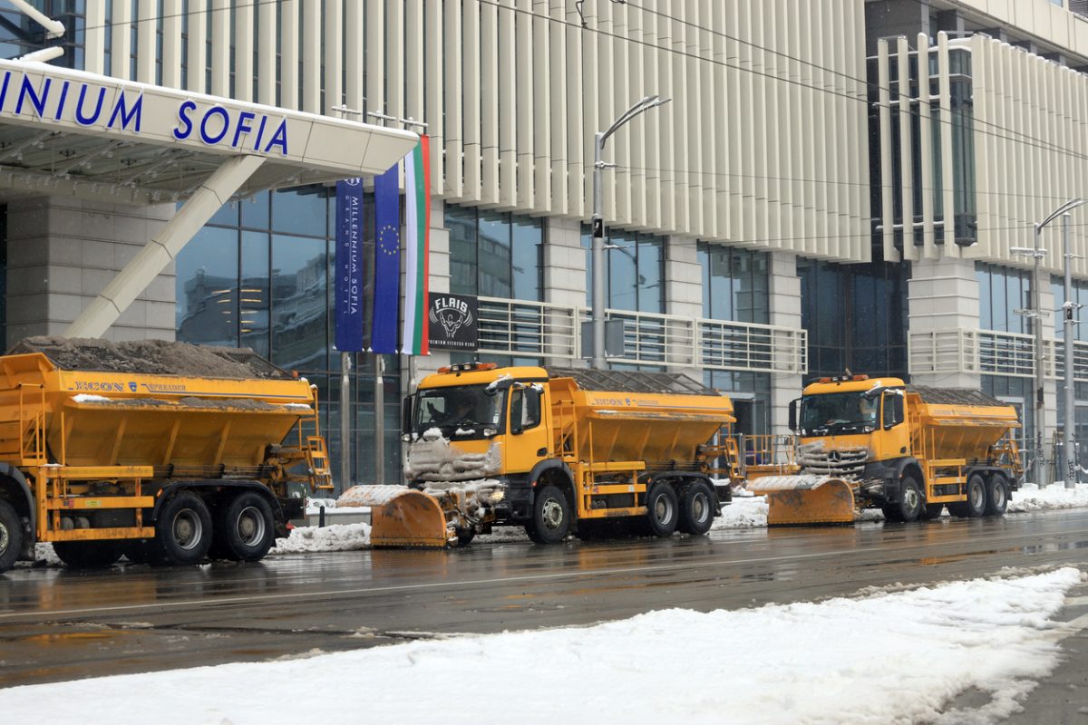 Snowplow machines in a row on a street or boulevard in Sofia, Bulgaria on march 24, 2020. Snow plow trucks