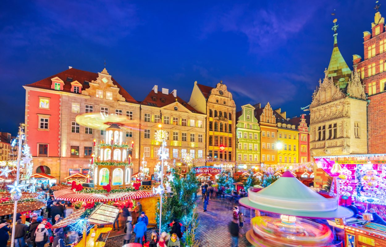 Wroclaw, Poland - December 2019: Breslau winter travel background with famous Christmas Market in Europe.
