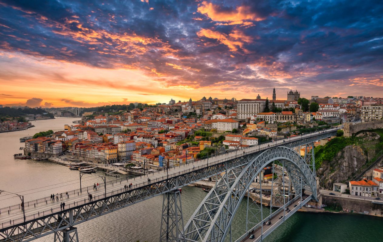 aerial view of the Ribeira district and the D Luis I bridge in the city of Oporto in Portugal"r"n
