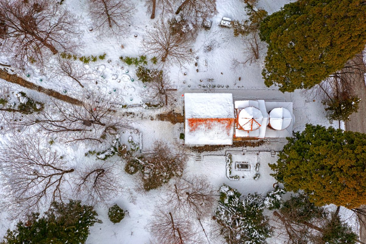 View from a drone of the ancient Church of Boyana on the outskirts of Sofia