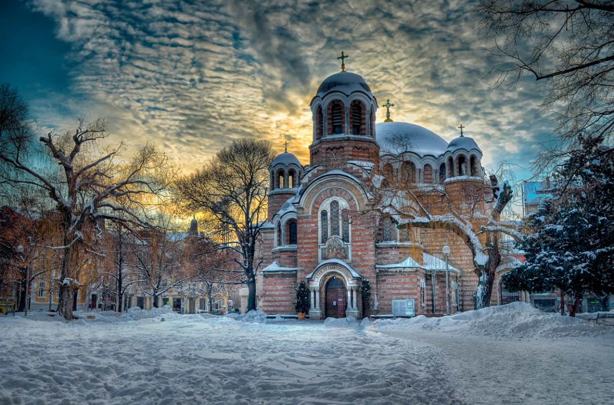 Winter in Sofia - park Sedmochislenitsi. Orthodox church St. Sedmochislenitsi. HDR