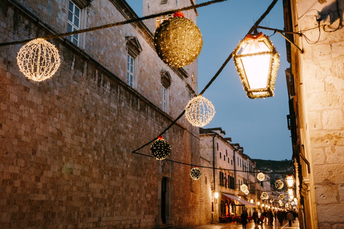 Christmas decorations in the square of the old town of Dubrovnik in Croatia on New Year's Day.