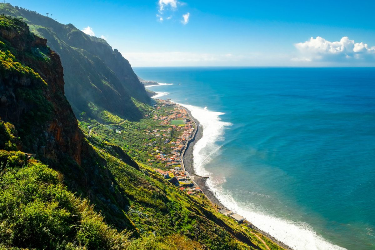 Madeira island, Portugal. Beautiful view of the lookout point by the coast. Island of Spring with beautiful nature, laurel forests and levades.