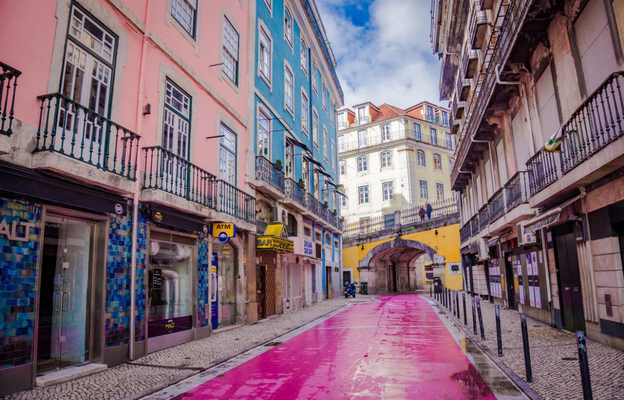 Rua Nova Do Carvalho - Lisbon Pink Street with bars. The Heart Of Lisbon's Night Life in the daytime with no people, Portugal, Europe