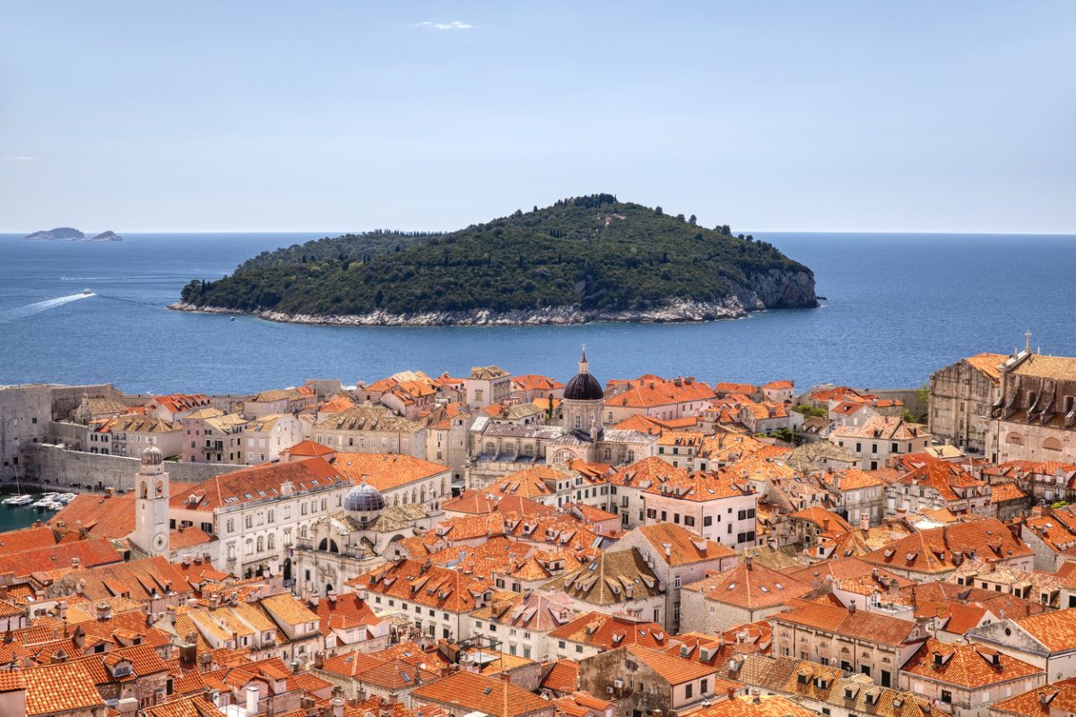 View of the Old City of Dubrovnik, Croatia, with the Island Lokrum and Dubrovnik Cathedral