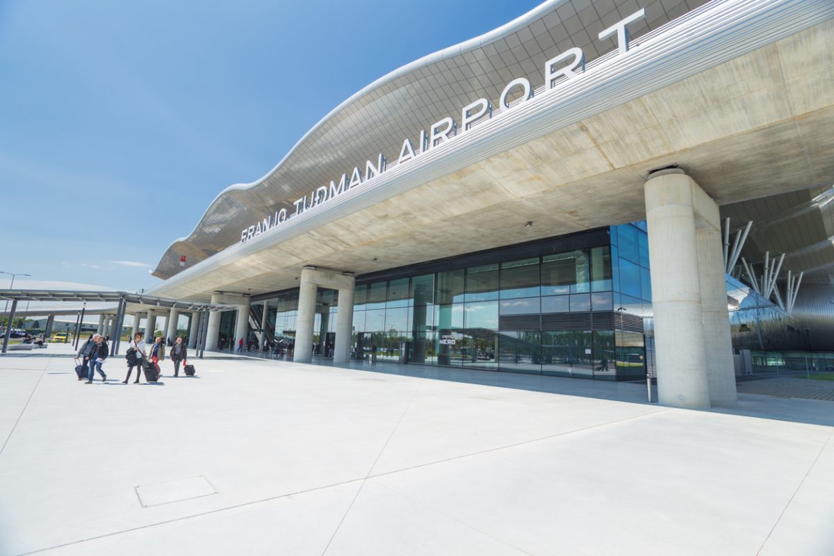 ZAGREB AIRPORT - 24 APRIL 2017: Travellers exiting Franjo Tudjman airport.
