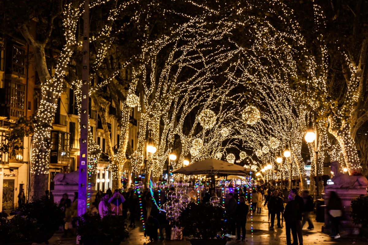 PALMA, MAJORCA, SPAIN - DECEMBER 9, 2017: Christmas lights on Passeig del Born