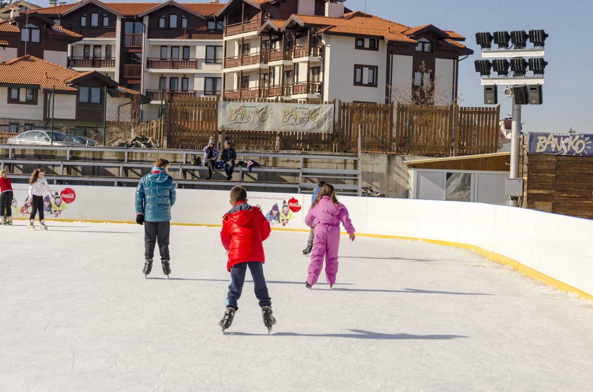 Bansko, Bulgaria - February 07, 2016: Ice skaters having fun in Bansko in fall