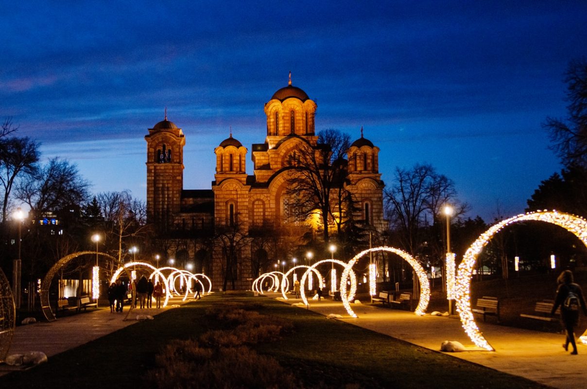 Saint Mark's Church in Christmas City decoration in Belgrade City, Serbia