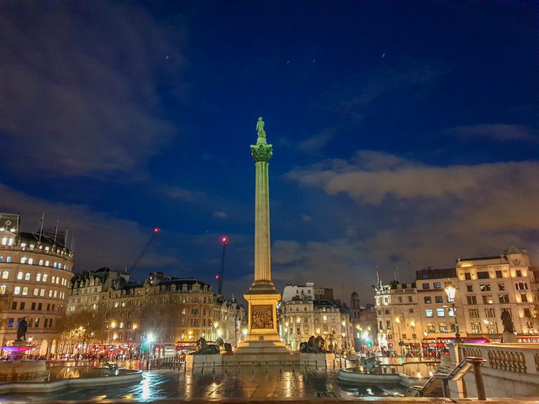 view of Nelson's Column in London in the dark