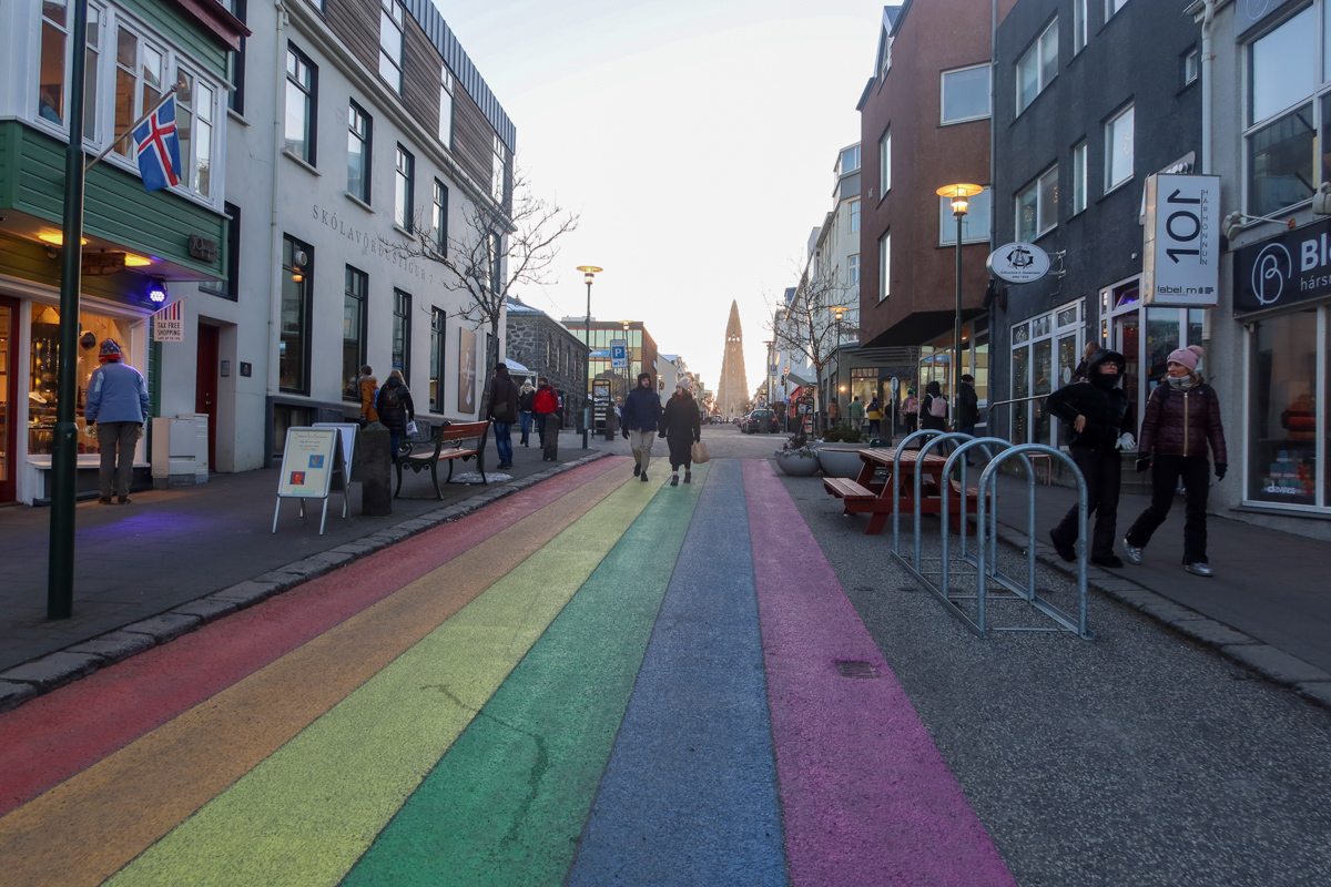 Rainbow street in Reykjavik, with the Hallgrimskirkja sitting at the end of the road.