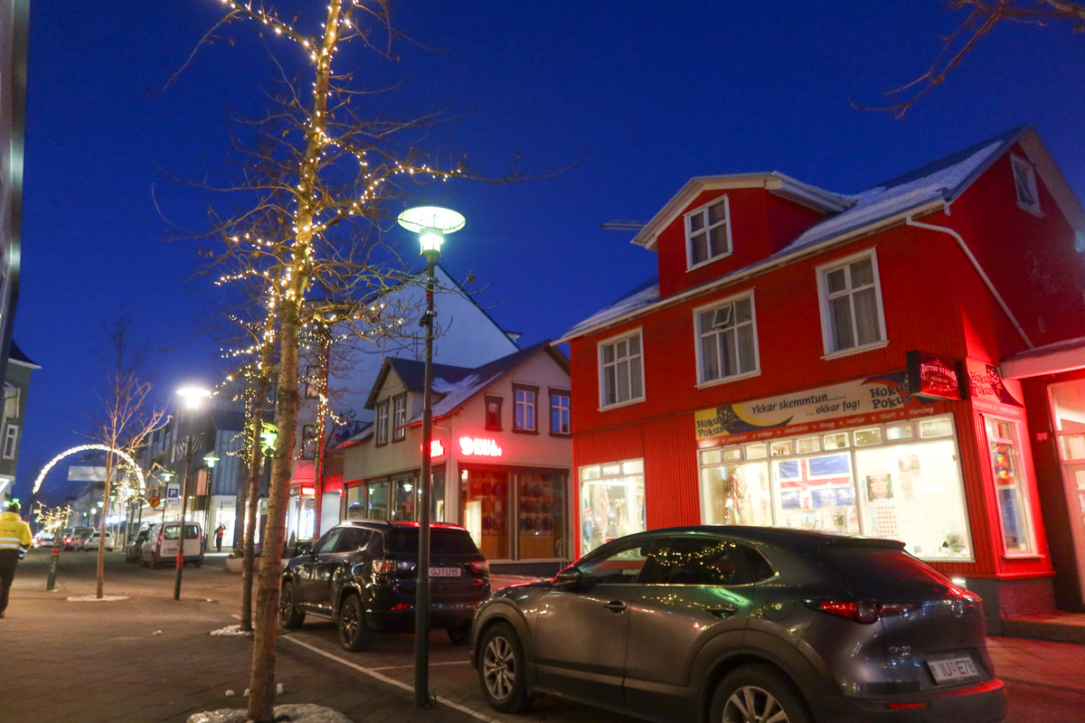 Bright buildings in Reykjavik centre with light strung on the trees.