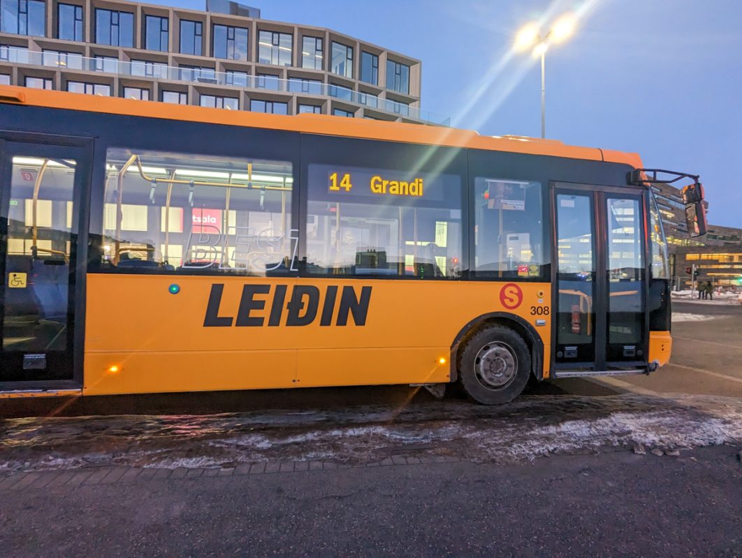 Yellow bus in Reykjavik centre, which is an easy way to get around Iceland's capital city.