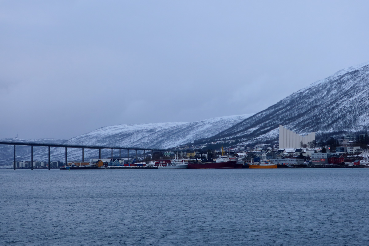 View of the Arctic Cathedral with the bridge spanning from Tromso island and a view of the Arctic Cathedral.