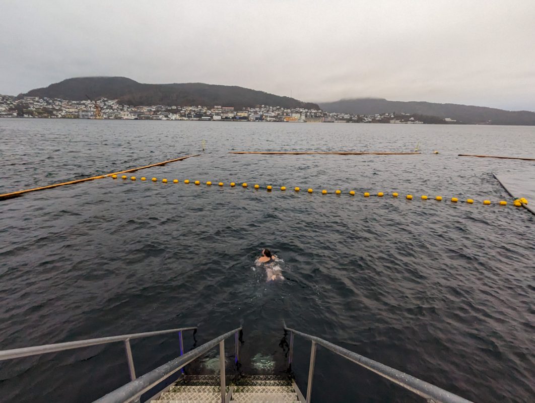 Swimming in a fjord at Nordnes Baths in Bergen in February