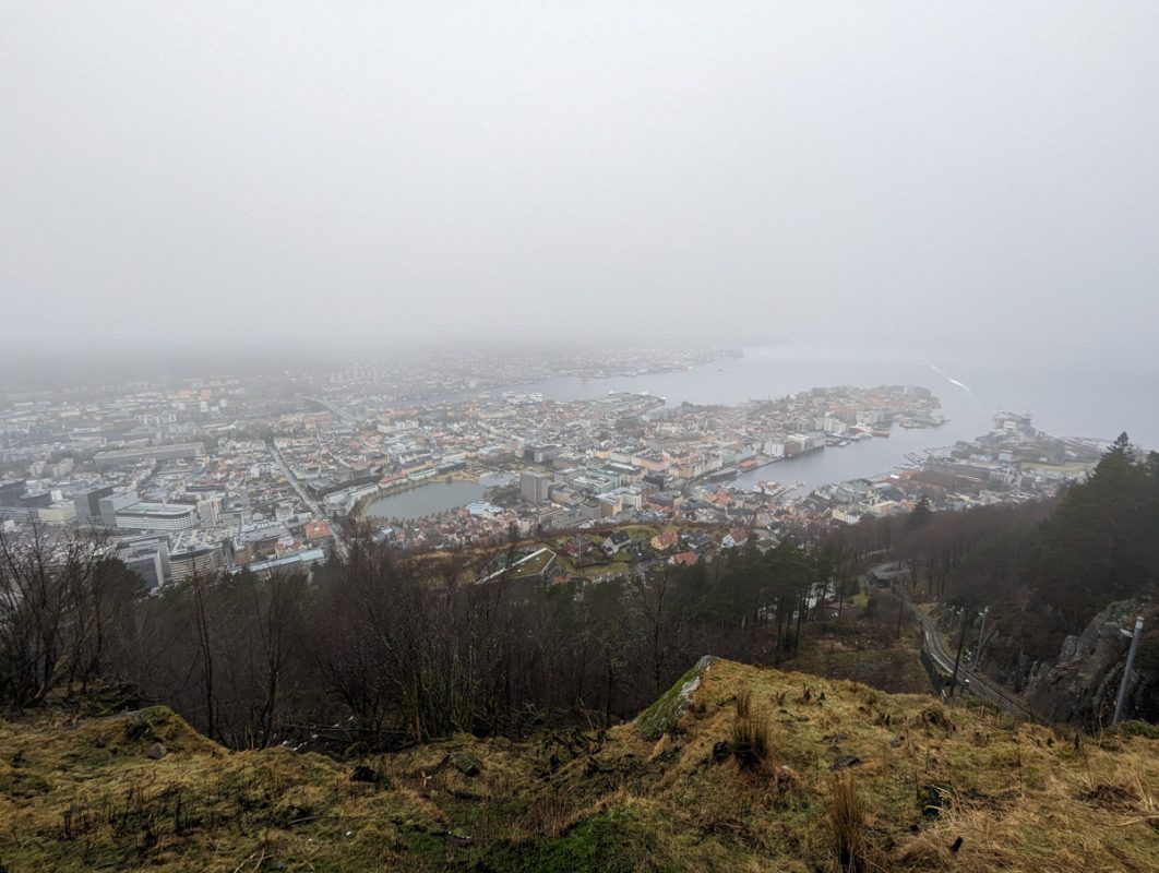 View over Bergen from the top of Mount Floyen on a misty day