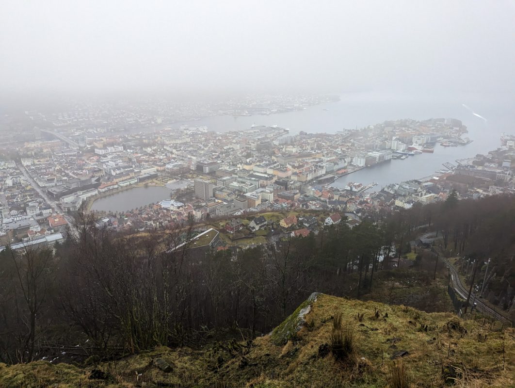 Views over Bergen from the top of Mount Floyen, a little covered by cloud. 