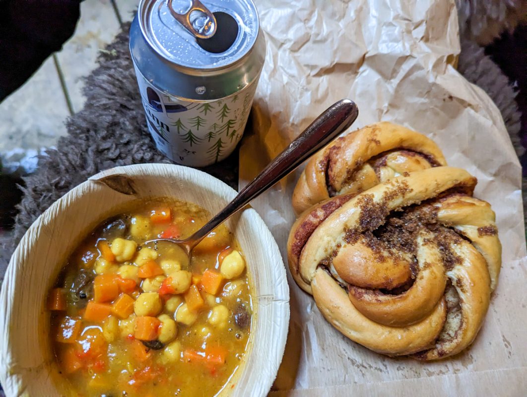 Veg stew, pastry and a rhubarb soda spread out as a meal plan, which we ate on the top of Mount Floyen