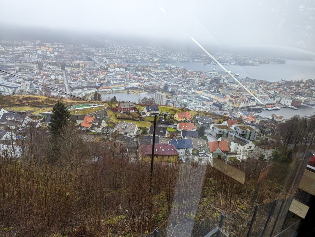 Views from the funicular looking over Bergen as you summit to the top of Mount Floyen.