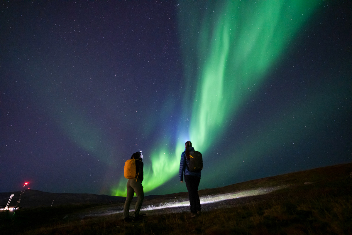 Green lights glowing in the sky, near Tromso in Norway