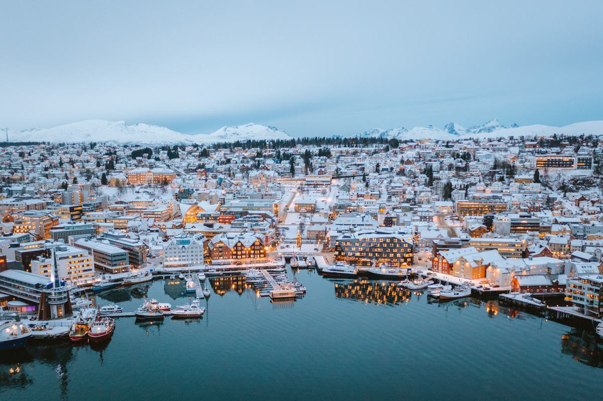 birds eye view over Tromso with a dusting of snow