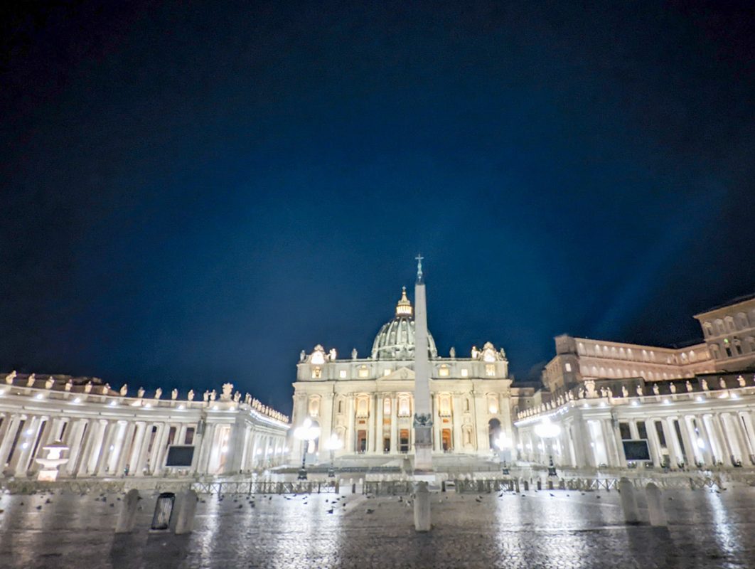 Vatican City at night, with St Peter's Basilica as a landmark