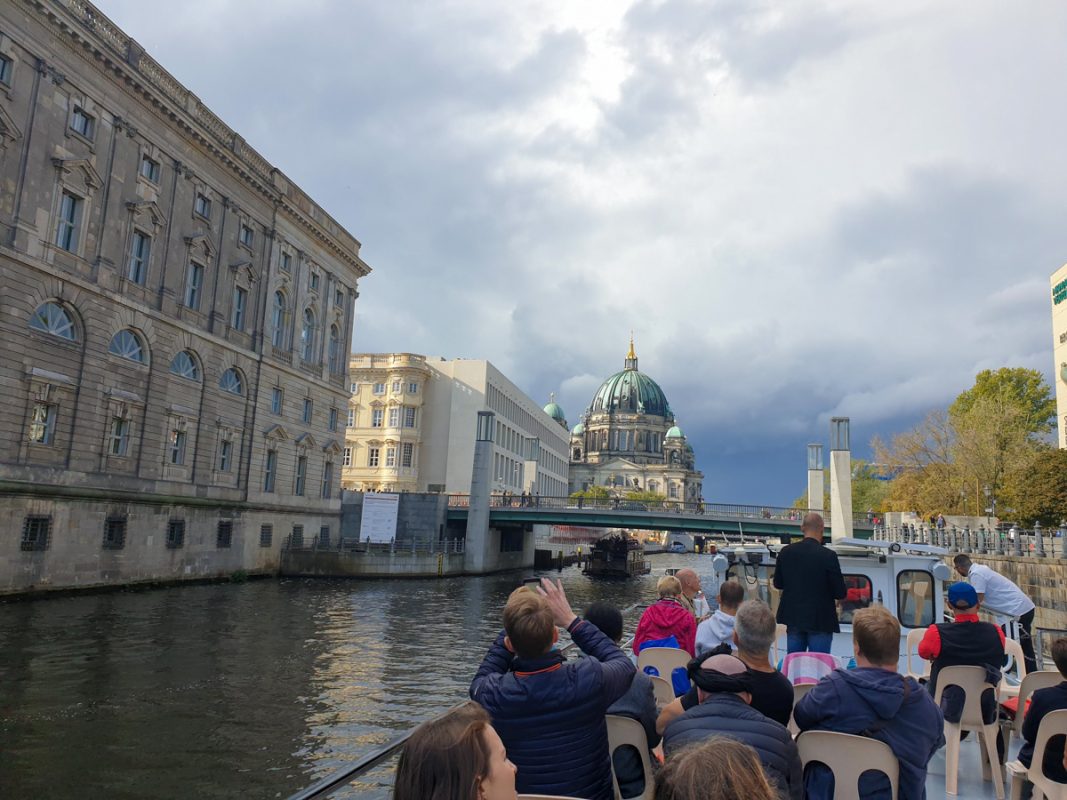 People on board a boat trip on the River Spree in Berlin in November. 